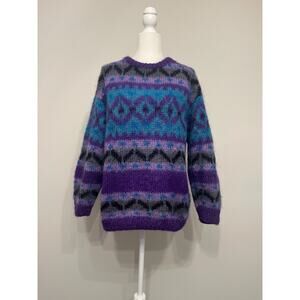 Vintage Icelandic Design Sweater Mohair Wool Blend Size Woman’s L Purple Teal